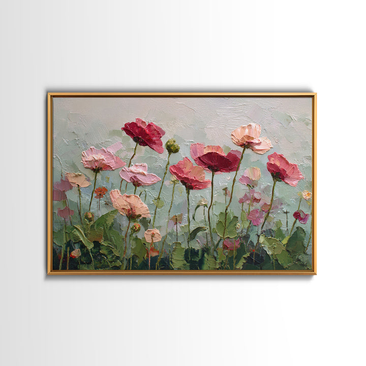 Poppy Field with Red Petals and Green Framed Canvas Print, Floral Art, Textured Painting, Living Room Decor, Fine Art, Bloom, FLO-3x2-60