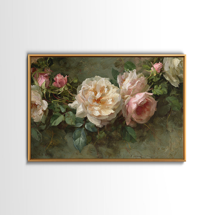 Floral Wreath of Garden Roses and Herbs Framed Canvas Print, Floral Art, Gallery Decor, Living Room Decor, Fine Art, Bloom, FLO-3x2-69