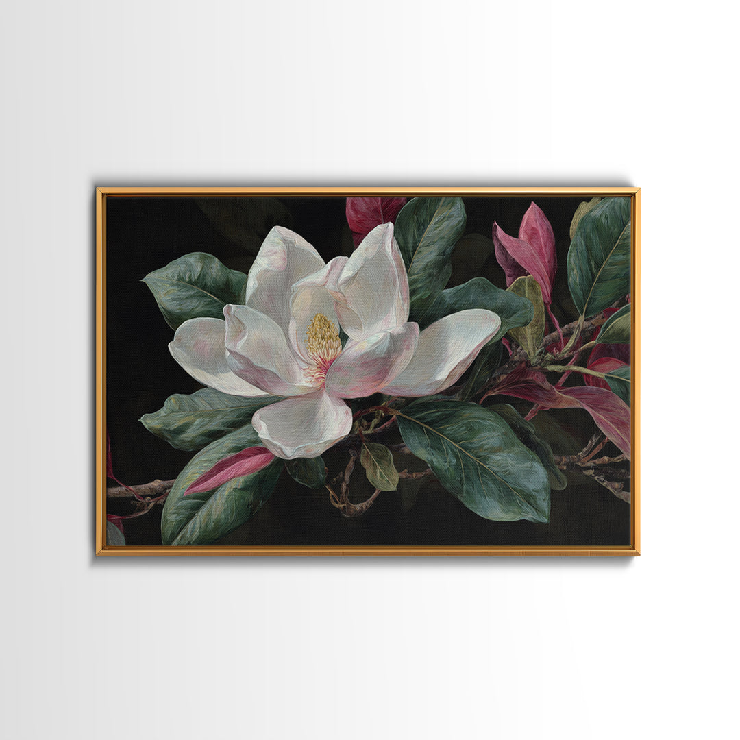 Single White Magnolia on Charcoal Ground Framed Canvas Print, Floral Art, Home Decor, Living Room Decor, Fine Art, Bloom, FLO-3x2-80