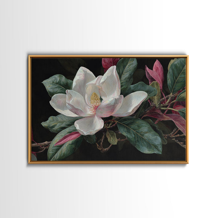 Single White Magnolia on Charcoal Ground Framed Canvas Print, Floral Art, Home Decor, Living Room Decor, Fine Art, Bloom, FLO-3x2-80