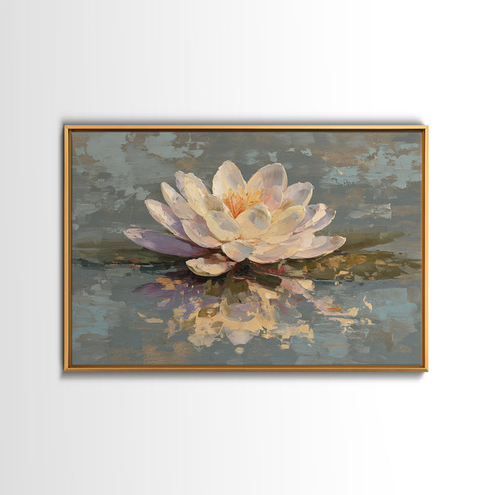 Lotus Blossom Floating on Still Water Framed Canvas Print, Floral Art, Art Nouveau Locket, Living Room Decor, Fine Art, Bloom, FLO-3x2-90