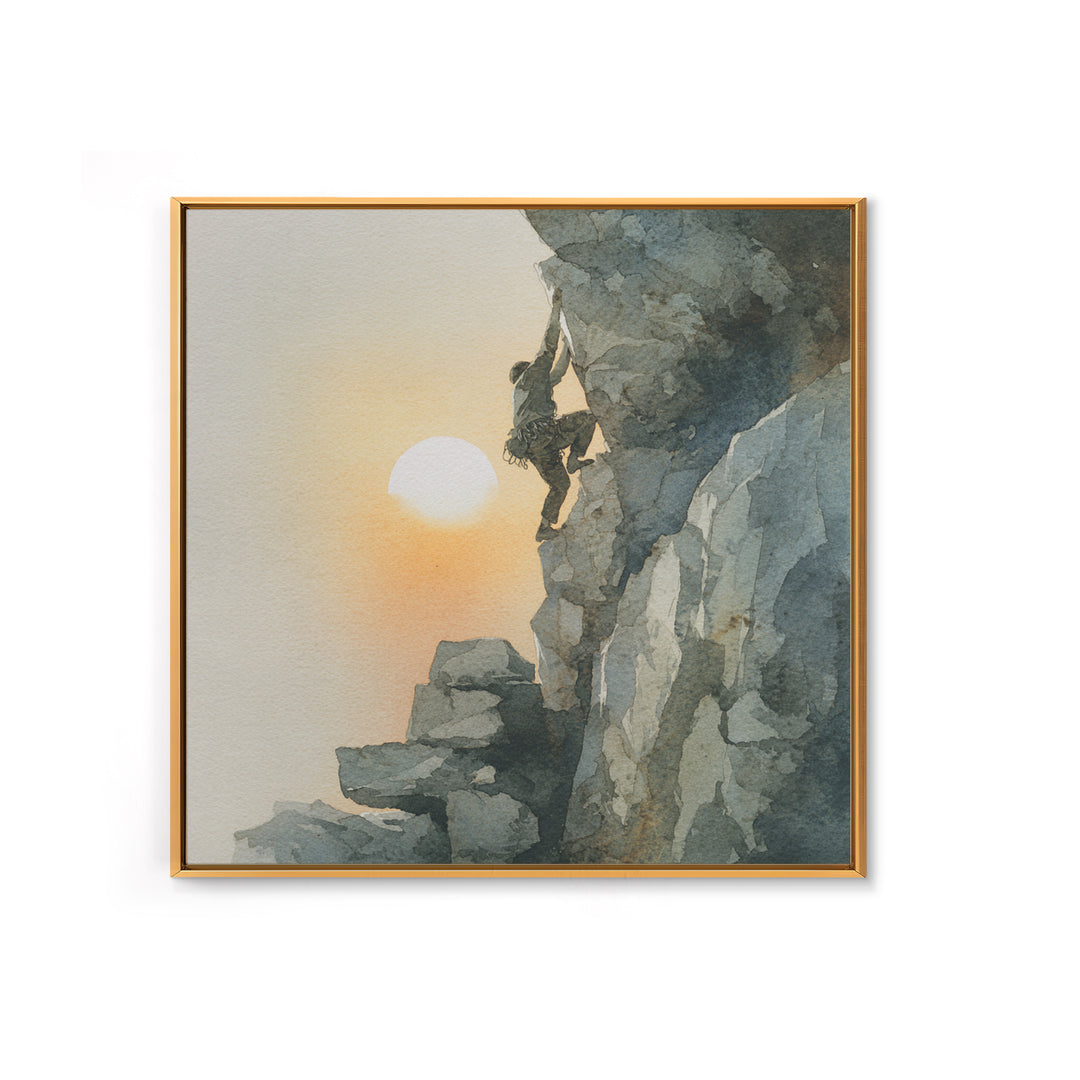 Rock Climber Reaching Toward Warm Light Framed Canvas Print, Fitness Studio Art, Dance Studio Decor, Gym Decor, Motion, FSA-1x1-63