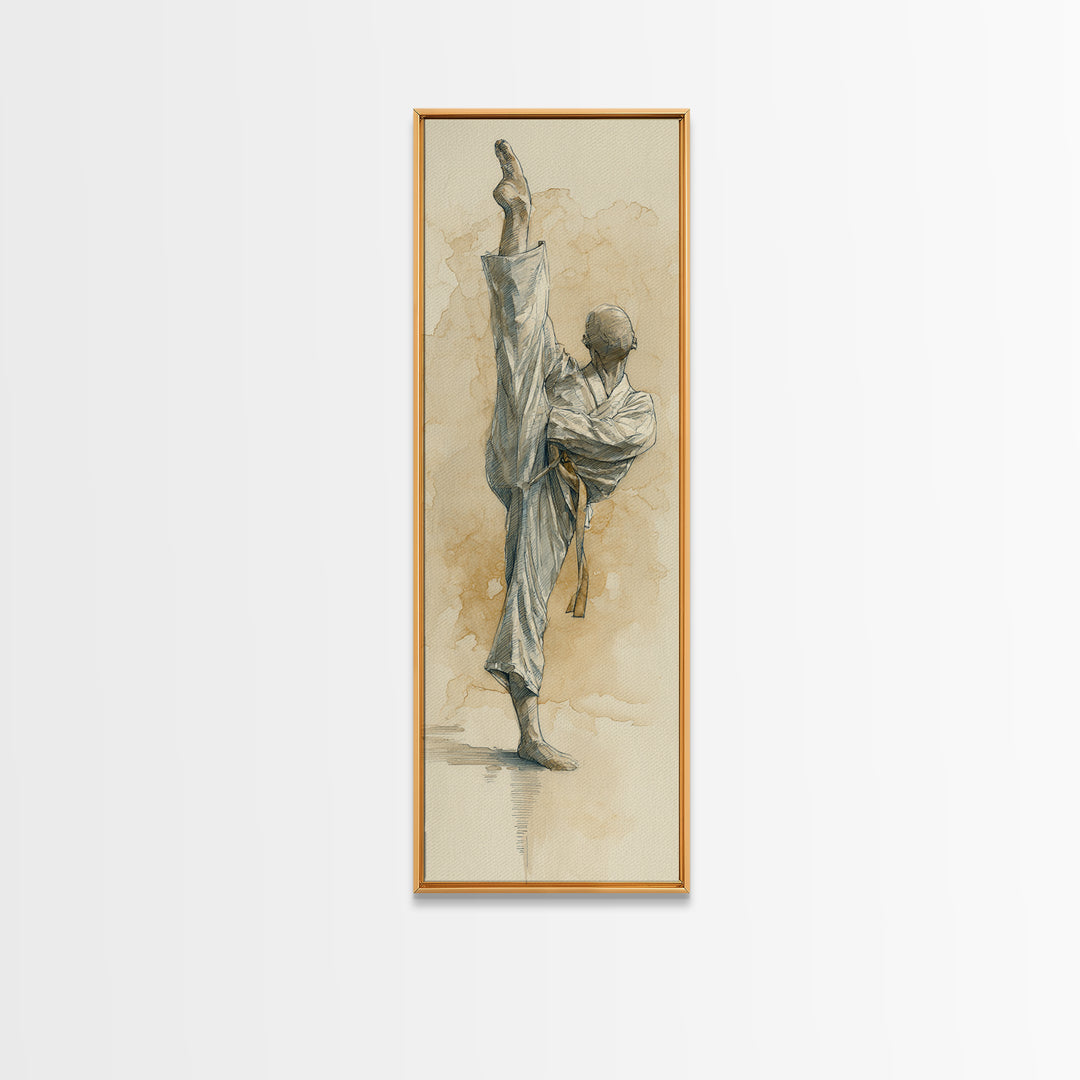 Martial Artist Pose Framed Canvas Print, Fitness Studio Art, Motivational Canvas, Gym Decor, Watercolor Art, Motion, FSA-1x3-31