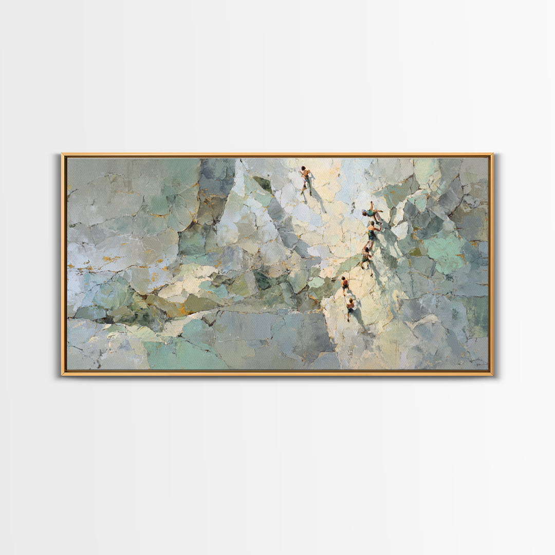 Rock Climber Reaching Toward Warm Light Framed Canvas Print, Fitness Studio Art, Boho Decor, Gym Decor, Fine Art, Motion, FSA-2x1-83