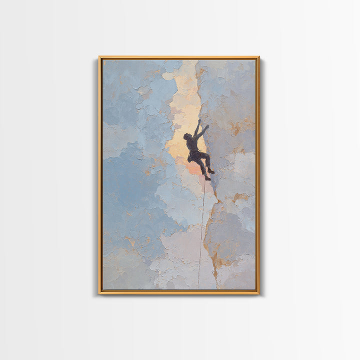 Rock Climber Reaching Toward Warm Light Framed Canvas Print, Fitness Studio Art, Physical Therapy Art, Gym Decor, Abstract Art, FSA-2x3-47