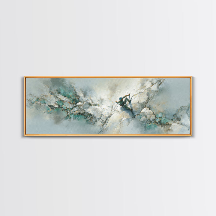 Rock Climber Reaching Toward Warm Light Framed Canvas Print, Fitness Studio Art, Boho Decor, Gym Decor, Fine Art, Motion, FSA-3x1-55