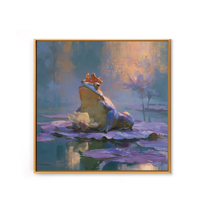 Frog Prince on a Lily Pad Framed Canvas Print, Fairy Tale Art, Whimsical Decor, Living Room Decor, Fine Art, Storybook, FTA-1x1-11