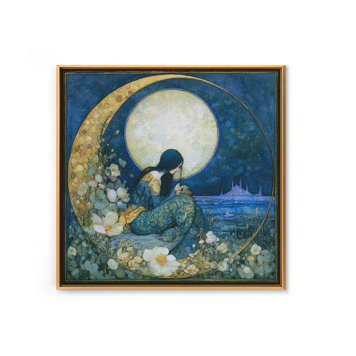 Mermaid Combing Hair Beneath a Pearl Moon Framed Canvas Print, Fairy Tale Art, Painting, Living Room Decor, Fine Art, Storybook, FTA-1x1-12