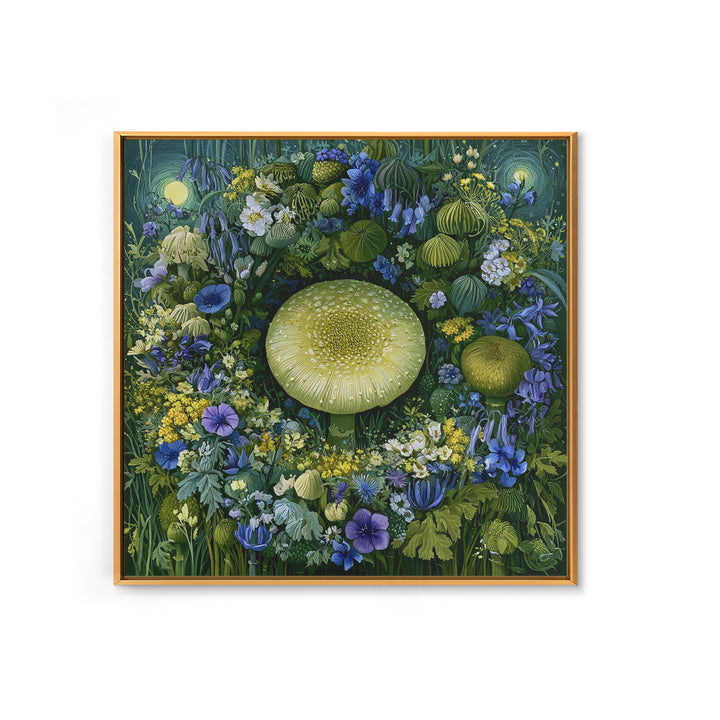 Fairy Ring of Mushrooms and Wildflowers Framed Canvas Print, Fairy Tale Art, Neutral Decor, Living Room Decor, Oil Painting, FTA-1x1-21