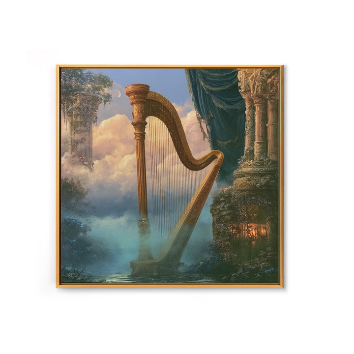 Golden Harp in a Cloud Kingdom Canvas Print, Fairy Tale Art, Princess Wall Art, Living Room Decor, Oil Painting, Storybook, FTA-1x1-22