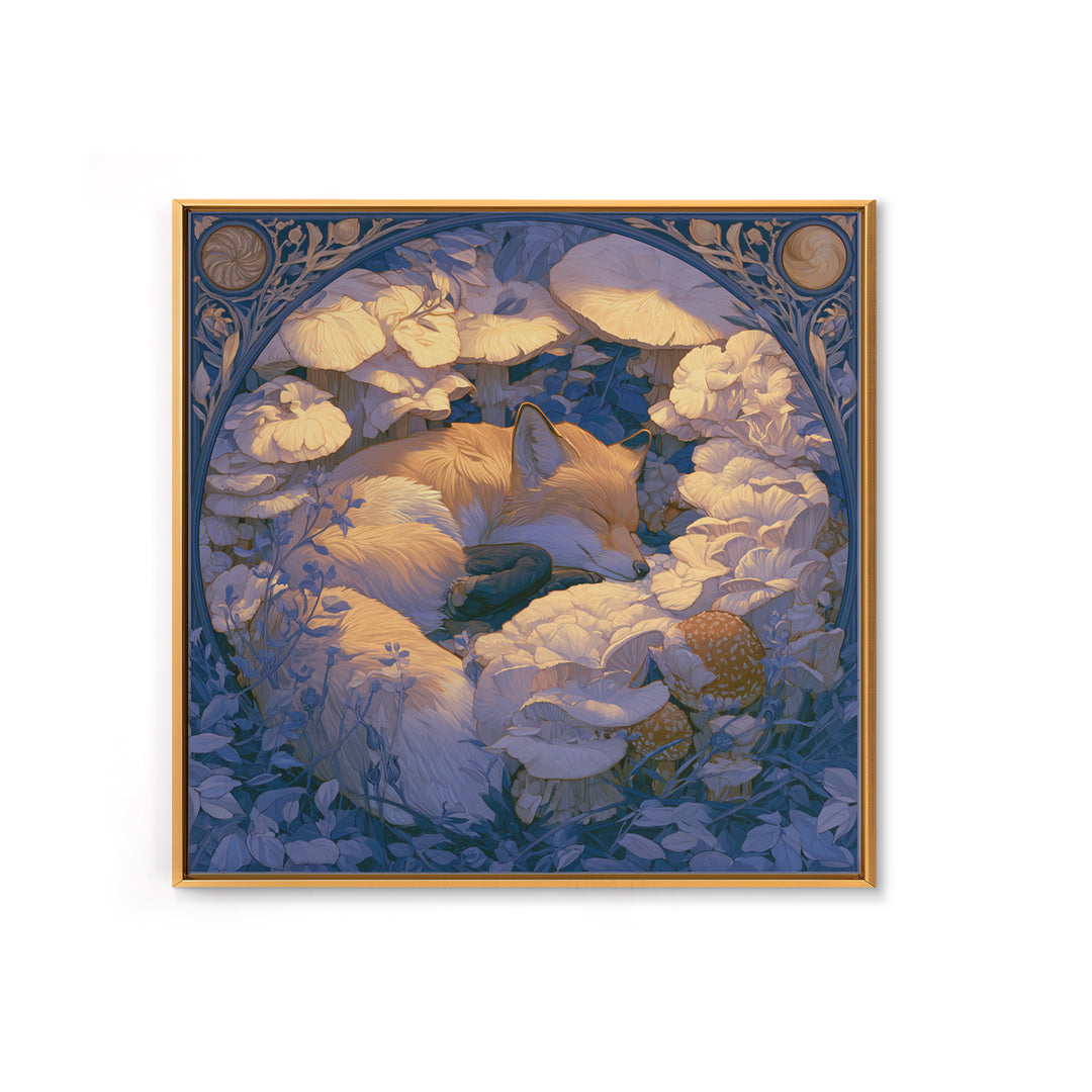 Sleeping Fox Beside a Magical Mushroom Ring Framed Canvas Print, Fairy Tale Art, Nursery Art, Living Room Decor, Storybook, FTA-1x1-27