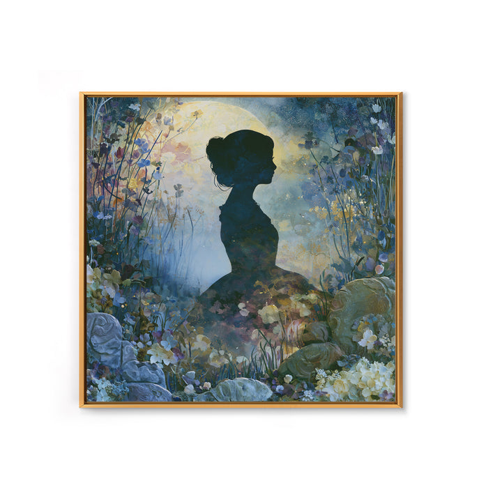 Princess Silhouette with Moonlit Garden Flowers Framed Canvas Print, Fairy Tale Art, Art Deco, Living Room Decor, Storybook, FTA-1x1-28