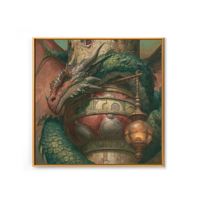 Dragon Curled Around a Jeweled Tower Framed Canvas Print, Fairy Tale Art, Textured Painting, Living Room Decor, Storybook, FTA-1x1-29