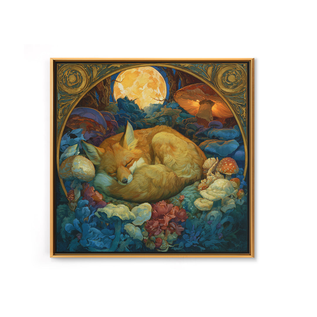 Sleeping Fox Beside a Magical Mushroom Ring Canvas Print, Fairy Tale Art, Abstract Art, Living Room Decor, Storybook, FTA-1x1-3