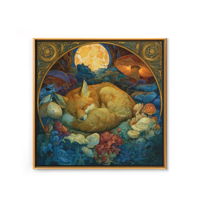 Sleeping Fox Beside a Magical Mushroom Ring Canvas Print, Fairy Tale Art, Abstract Art, Living Room Decor, Storybook, FTA-1x1-3