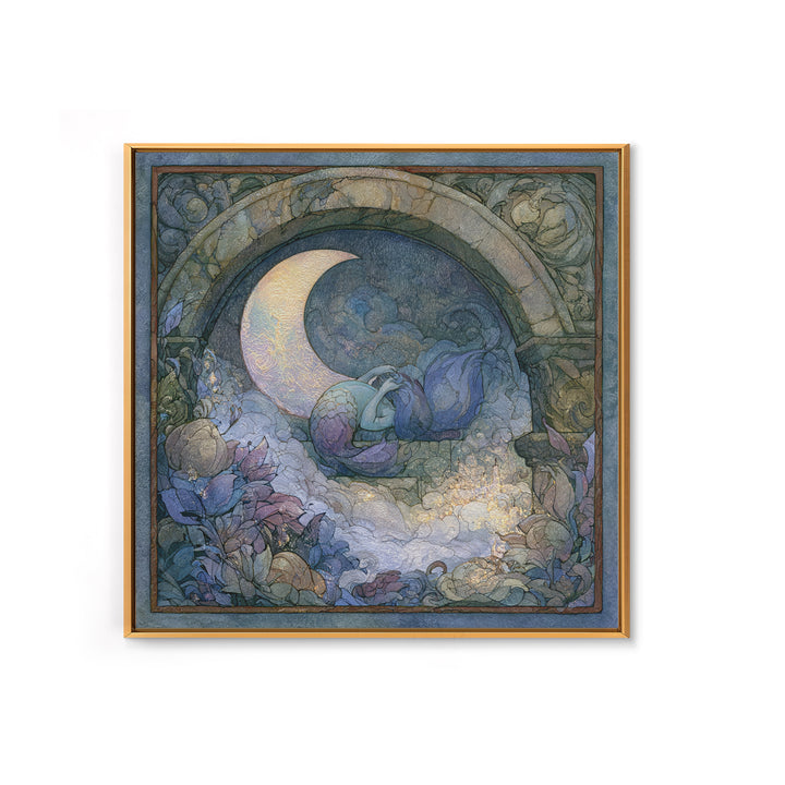 Mermaid Combing Hair Beneath a Pearl Moon Canvas Print, Fairy Tale Art, Nursery Wall Art, Living Room Decor, Watercolor Art, FTA-1x1-36