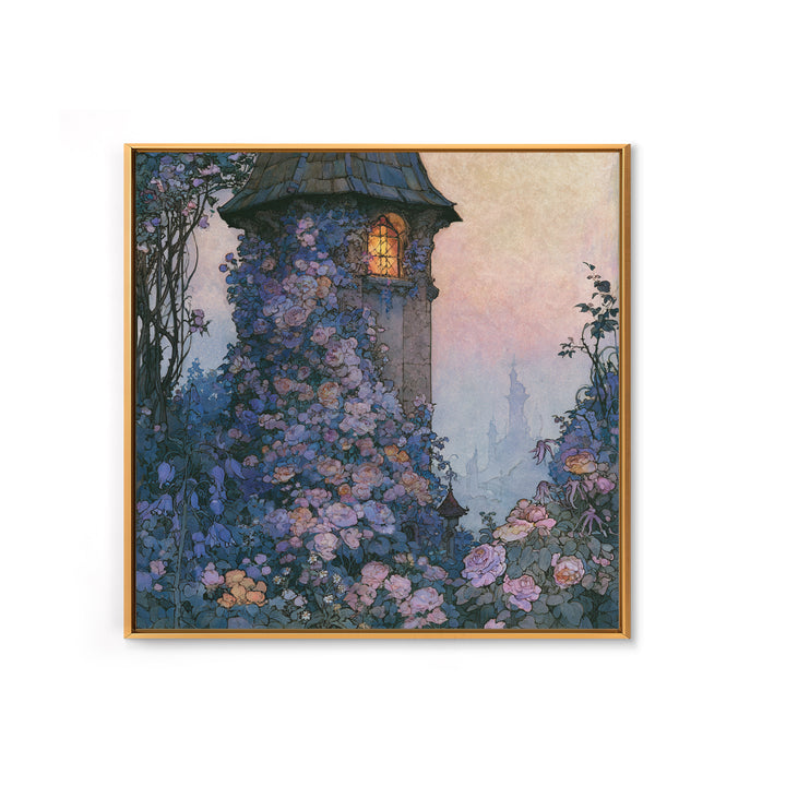 Rose Covered Tower Framed Canvas Print, Fairy Tale Art, Kids Room Decor, Living Room Decor, Abstract Art, Storybook, FTA-1x1-42