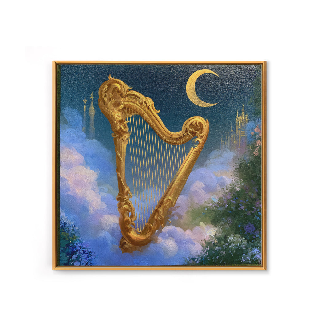 Golden Harp in a Cloud Kingdom Framed Canvas Print, Fairy Tale Art, Mixed Media Art, Living Room Decor, Fine Art, Storybook, FTA-1x1-46
