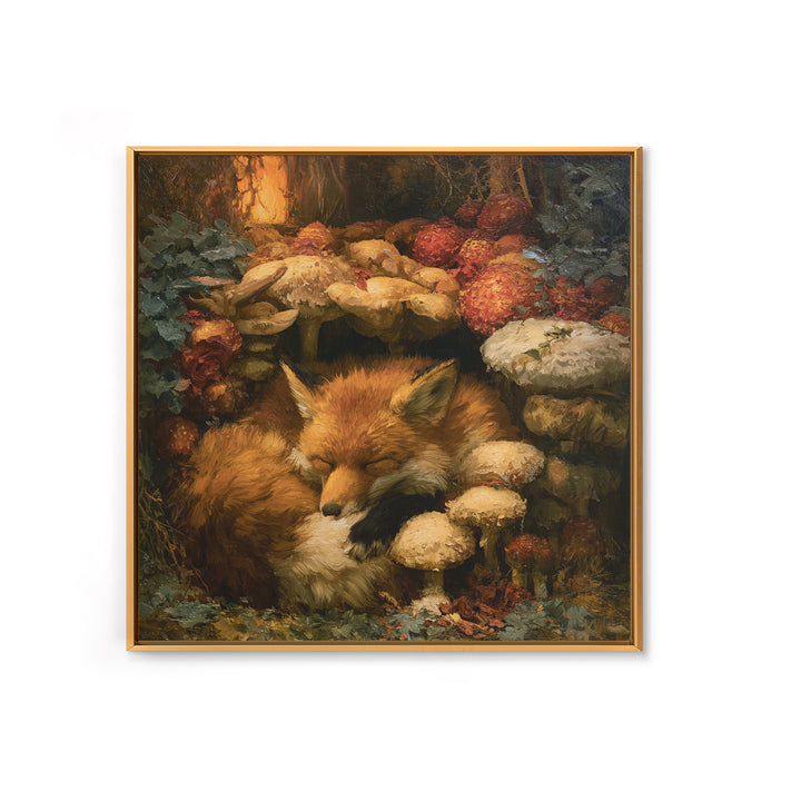 Sleeping Fox Beside a Magical Mushroom Ring Framed Canvas Print, Fairy Tale Art, Fantasy Art, Living Room Decor, Oil Painting, FTA-1x1-51