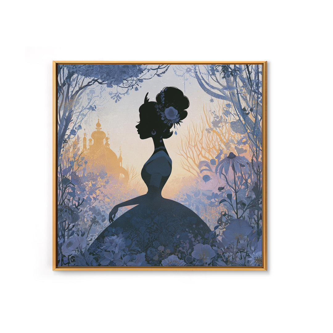 Princess Silhouette with Moonlit Garden Flowers Framed Canvas Print, Fairy Tale Art, Watercolor Art, Living Room Decor, FTA-1x1-52