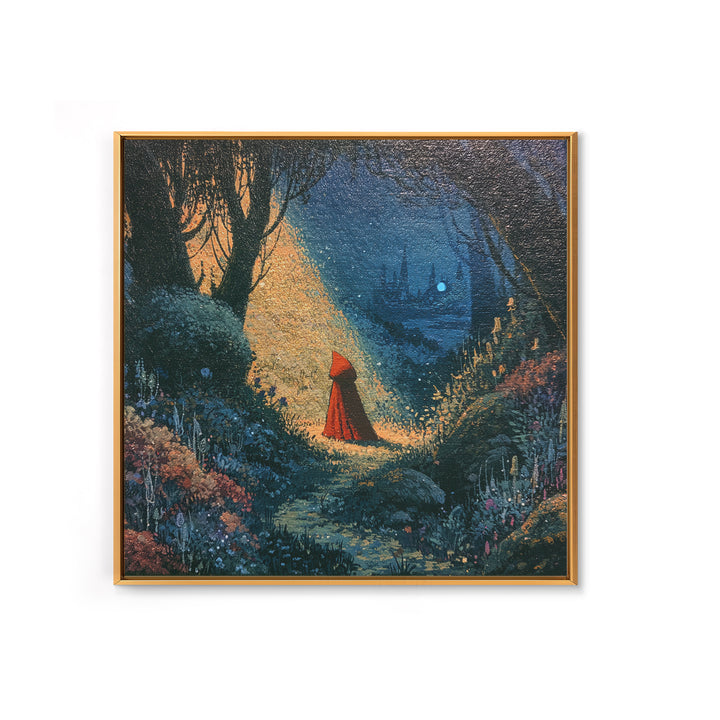 Red Cloak Figure Walking Through Dark Woods Framed Canvas Print, Fairy Tale Art, Canvas Wall Art, Living Room Decor, Storybook, FTA-1x1-56