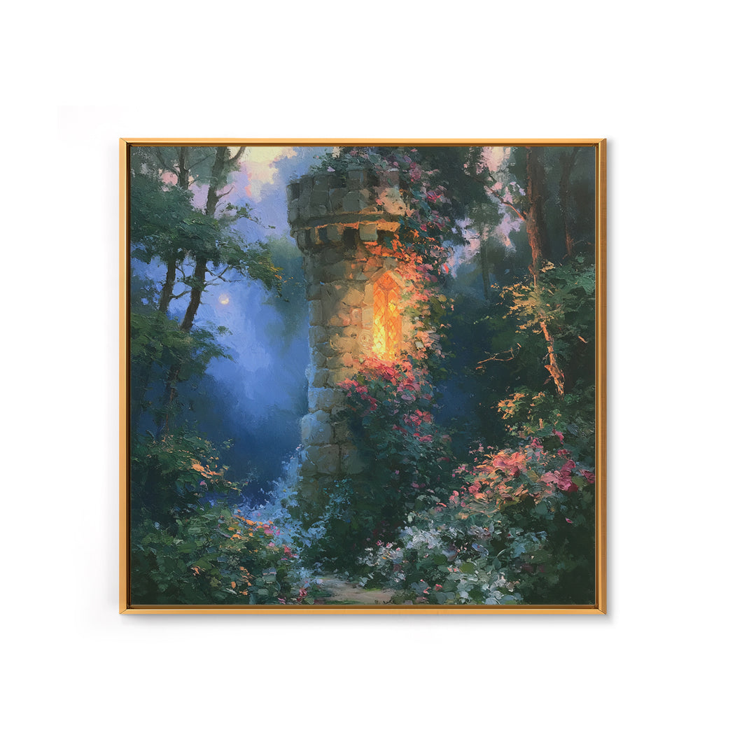 Rose Covered Tower Framed Canvas Print, Fairy Tale Art, Kids Room Decor, Living Room Decor, Abstract Art, Storybook, FTA-1x1-66