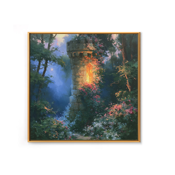 Rose Covered Tower Framed Canvas Print, Fairy Tale Art, Kids Room Decor, Living Room Decor, Abstract Art, Storybook, FTA-1x1-66