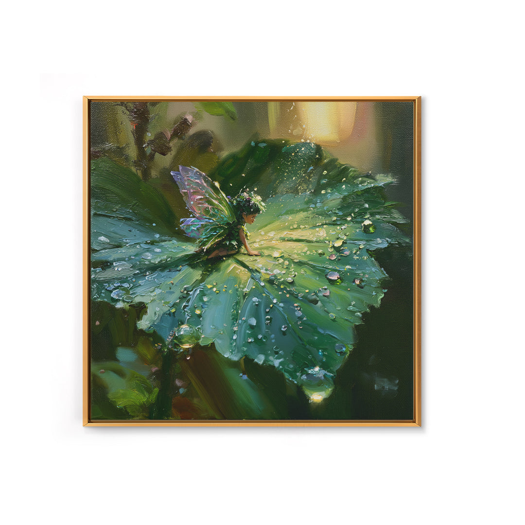 Tiny Fairy Resting on a Dew Covered Framed Canvas Print, Fairy Tale Art, Printable Art, Living Room Decor, Oil Painting, FTA-1x1-7