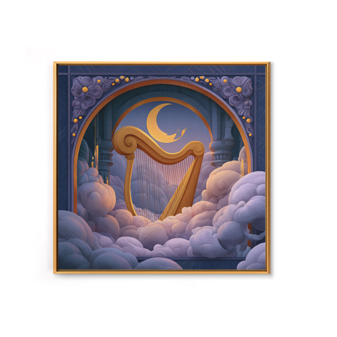 Golden Harp in a Cloud Kingdom Framed Canvas Print, Fairy Tale Art, Mixed Media Art, Living Room Decor, Fine Art, Storybook, FTA-1x1-70