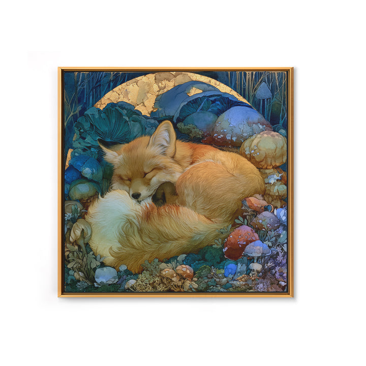 Sleeping Fox Beside a Magical Mushroom Ring Canvas Print, Fairy Tale Art, Statement Artwork, Living Room Decor, Storybook, FTA-1x1-75