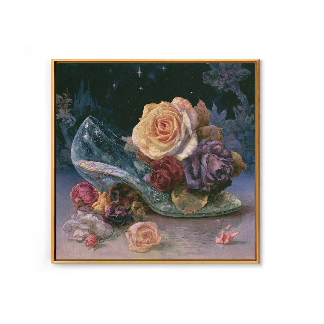 Glass Slipper Still Life Framed Canvas Print, Fairy Tale Art, Statement Artwork, Living Room Decor, Fine Art, Storybook, FTA-1x1-78