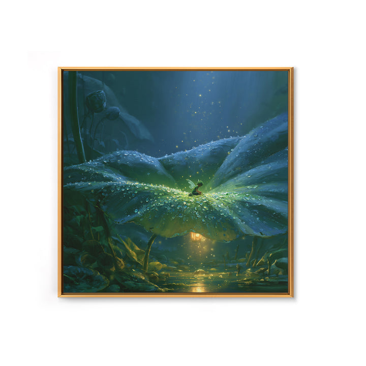 Tiny Fairy Resting on a Dew Covered Framed Canvas Print, Fairy Tale Art, Boho Decor, Living Room Decor, Fine Art, Storybook, FTA-1x1-79