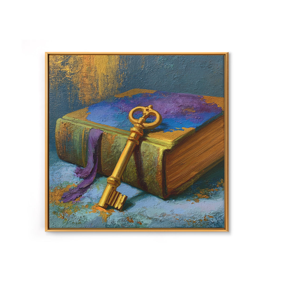 Golden Key and Enchanted Book Still Life Canvas Print, Fairy Tale Art, Painting, Living Room Decor, Fine Art, Storybook, FTA-1x1-81