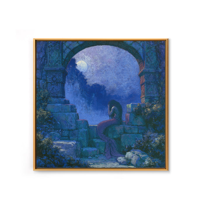 Mermaid Combing Hair Beneath a Pearl Moon Canvas Print, Fairy Tale Art, Kids Room Decor, Living Room Decor, Storybook, FTA-1x1-84