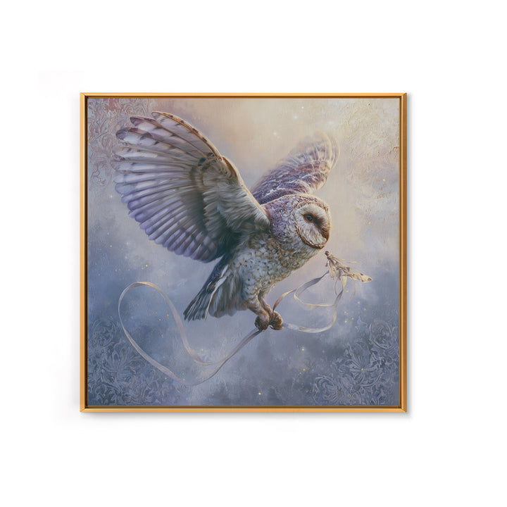 Owl Messenger Carrying a Tiny Ribbon Canvas Print, Fairy Tale Art, Contemporary Art, Living Room Decor, Fine Art, Storybook, FTA-1x1-89