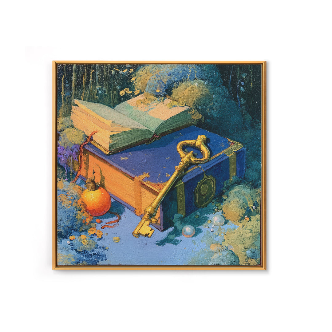 Golden Key and Enchanted Book Still Life Canvas Print, Fairy Tale Art, Statement Artwork, Living Room Decor, Storybook, FTA-1x1-9
