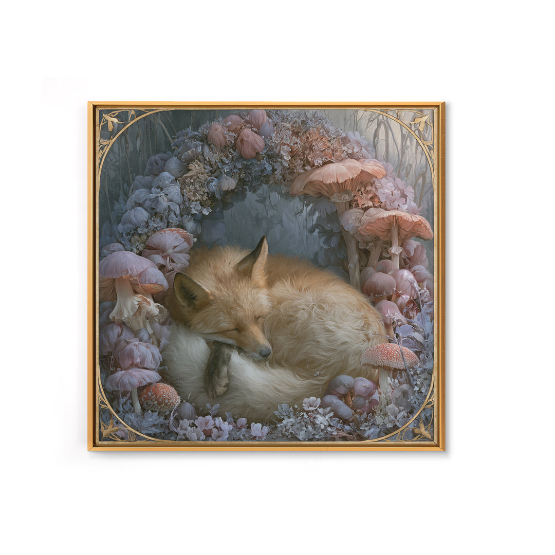 Sleeping Fox Beside a Magical Mushroom Ring Canvas Print, Fairy Tale Art, Painting, Living Room Decor, Fine Art, Storybook, FTA-1x1-99