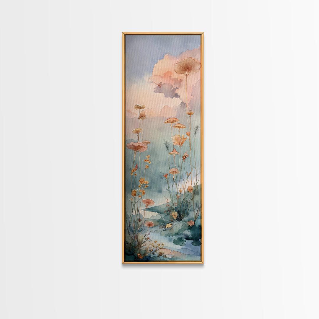 Sleeping Fox Beside a Magical Mushroom Ring Framed Canvas Print, Fairy Tale Art, Abstract Art, Living Room Decor, Storybook, FTA-1x3-15