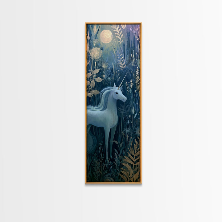 Unicorn in a Moonlit Meadow Canvas Print, Fairy Tale Art, Mixed Media Art, Living Room Decor, Oil Painting, Storybook, FTA-1x3-22