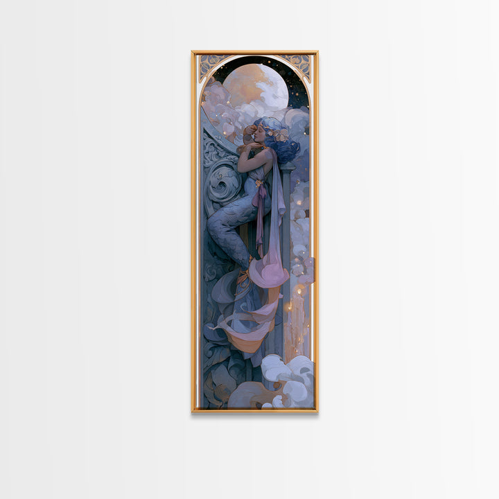 Mermaid Combing Hair Beneath a Pearl Moon Framed Canvas Print, Fairy Tale Art, Painting, Living Room Decor, Fine Art, Storybook, FTA-1x3-24