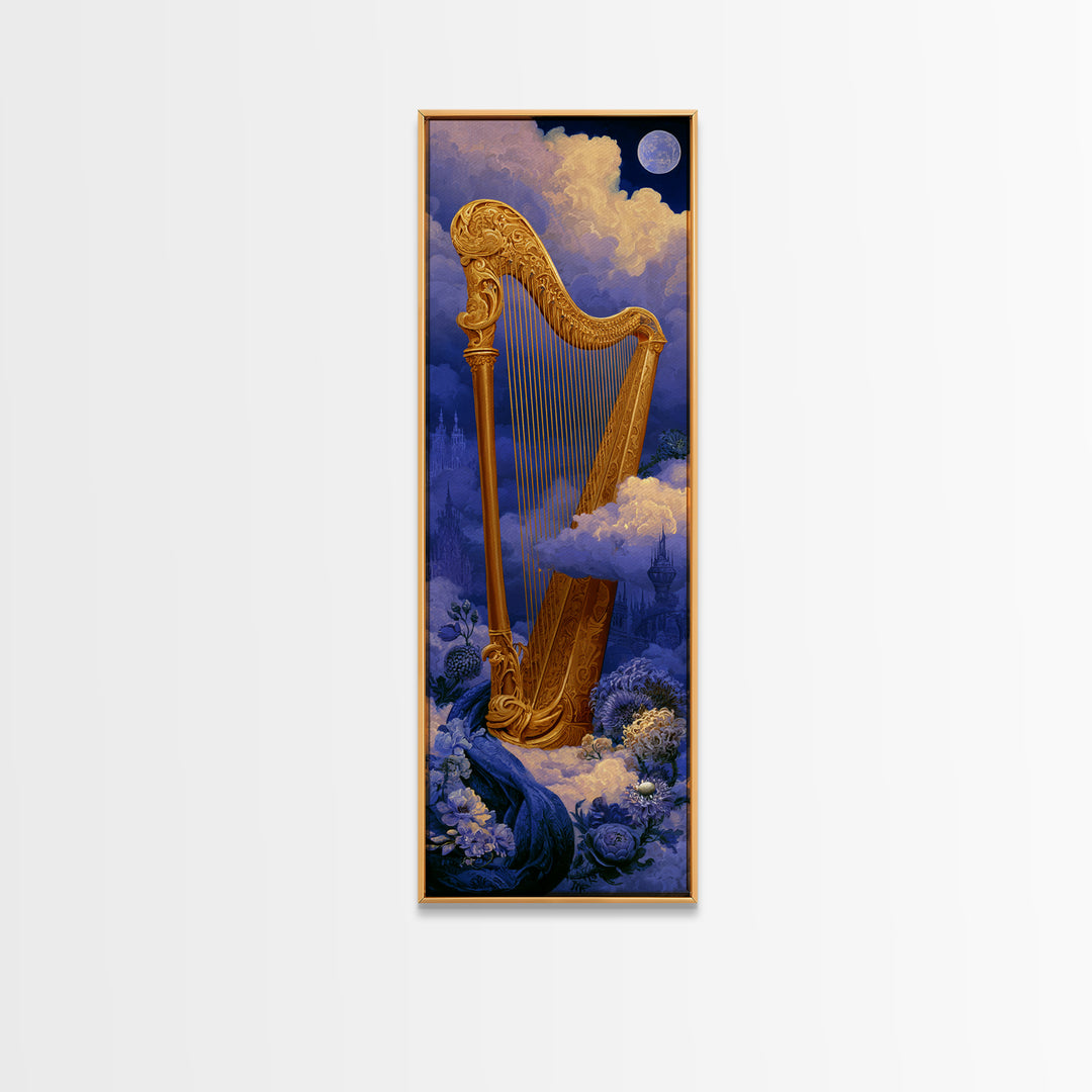Golden Harp in a Cloud Kingdom Framed Canvas Print, Fairy Tale Art, Art Nouveau Print, Living Room Decor, Watercolor Art, FTA-1x3-34