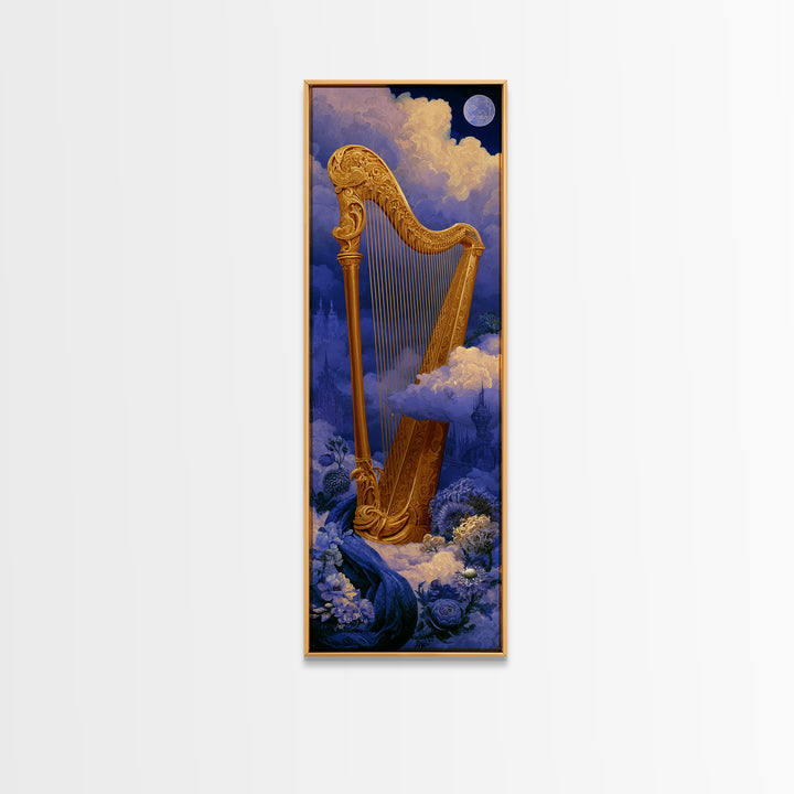 Golden Harp in a Cloud Kingdom Framed Canvas Print, Fairy Tale Art, Art Nouveau Print, Living Room Decor, Watercolor Art, FTA-1x3-34