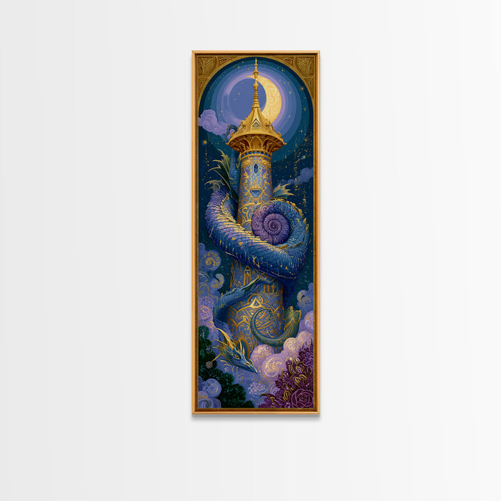 Dragon Curled Around a Jeweled Tower Canvas Print, Fairy Tale Art, Whimsical Wall Art, Living Room Decor, Fine Art, Storybook, FTA-1x3-41