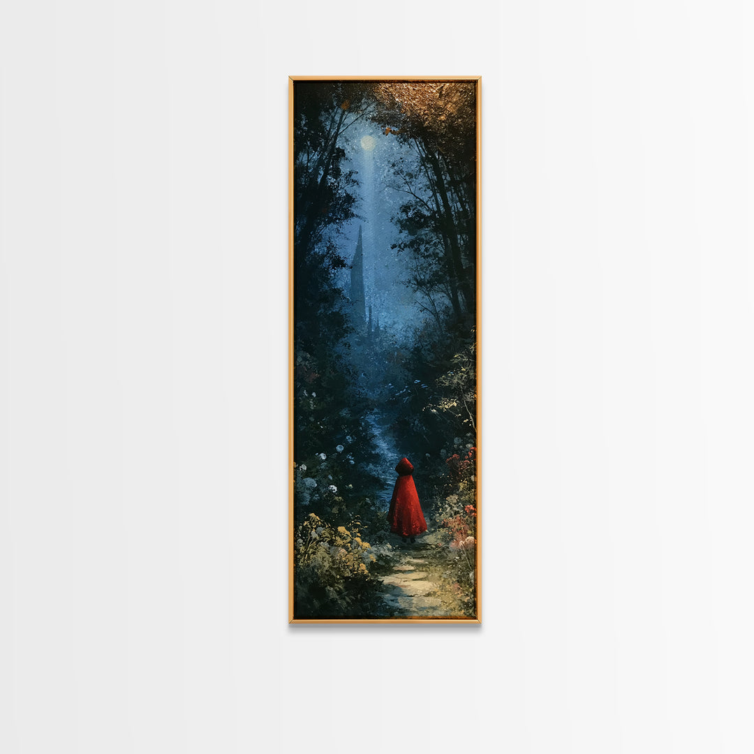 Red Cloak Figure Walking Through Dark Woods Canvas Print, Fairy Tale Art, Original Art, Living Room Decor, Fine Art, Storybook, FTA-1x3-44