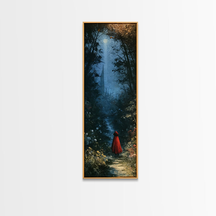 Red Cloak Figure Walking Through Dark Woods Canvas Print, Fairy Tale Art, Original Art, Living Room Decor, Fine Art, Storybook, FTA-1x3-44