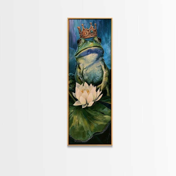 Frog Prince on a Lily Pad Framed Canvas Print, Fairy Tale Art, Whimsical Art, Living Room Decor, Fine Art, Storybook, FTA-1x3-47