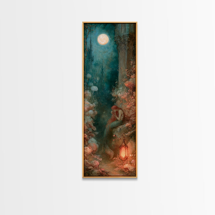 Mermaid Combing Hair Beneath a Pearl Moon Canvas Print, Fairy Tale Art, Nursery Wall Art, Living Room Decor, Watercolor Art, FTA-1x3-48