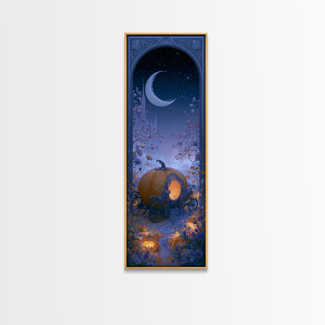 Pumpkin Carriage under Midnight Sky Framed Canvas Print, Fairy Tale Art, Art Nouveau, Living Room Decor, Fine Art, Storybook, FTA-1x3-52