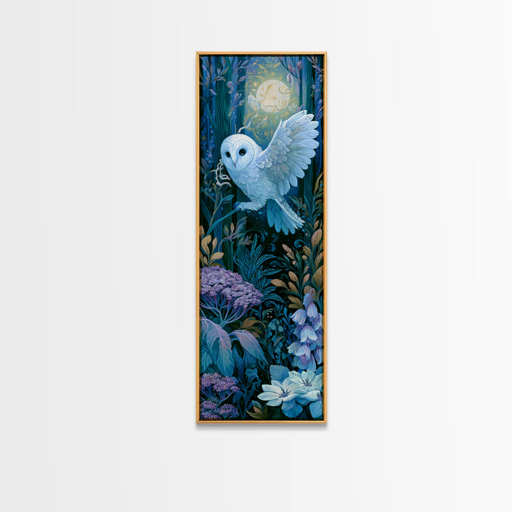 Owl Messenger Carrying a Tiny Ribbon Framed Canvas Print, Fairy Tale Art, Textured Painting, Living Room Decor, Storybook, FTA-1x3-53