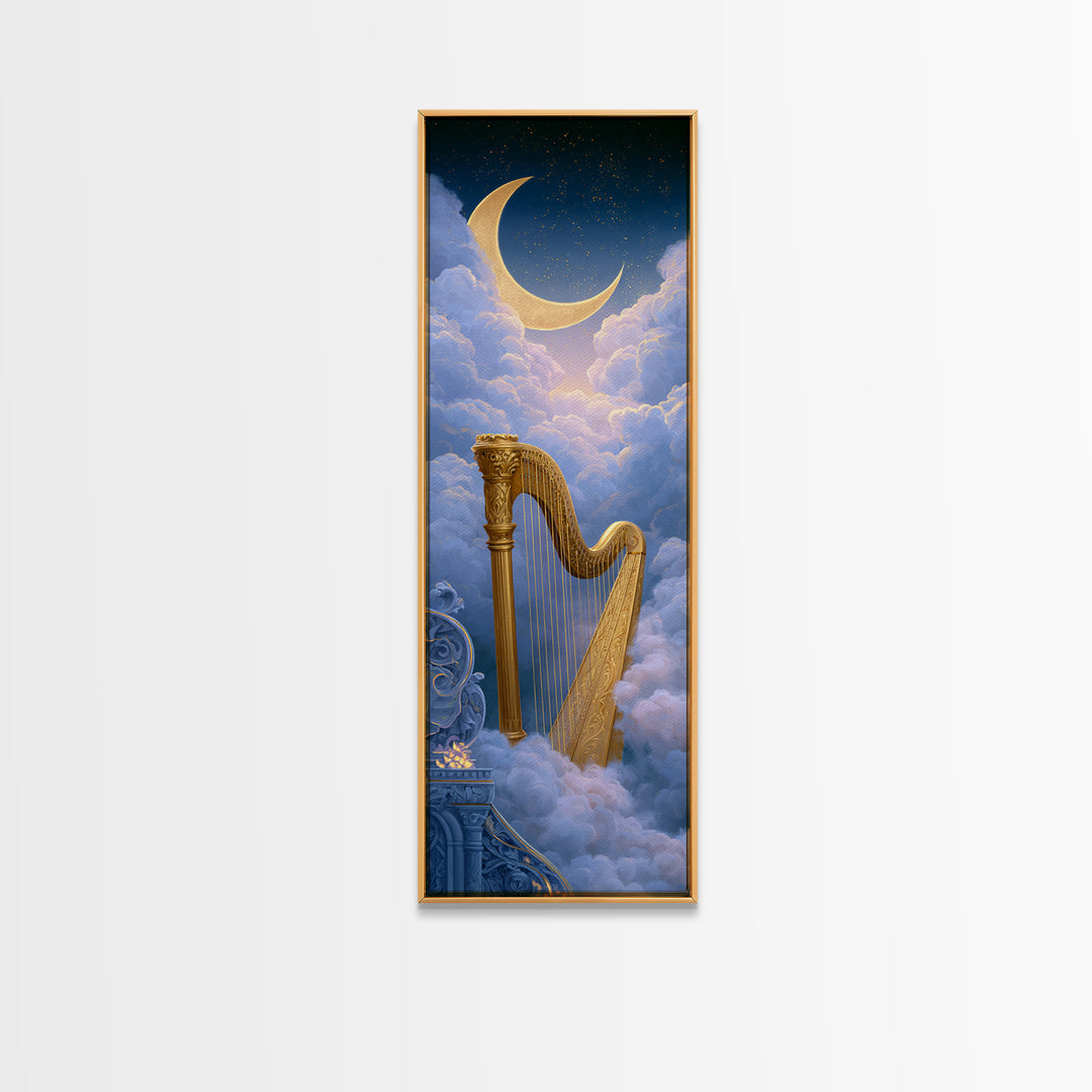 Golden Harp in a Cloud Kingdom Framed Canvas Print, Fairy Tale Art, Art Nouveau Print, Living Room Decor, Watercolor Art, FTA-1x3-58